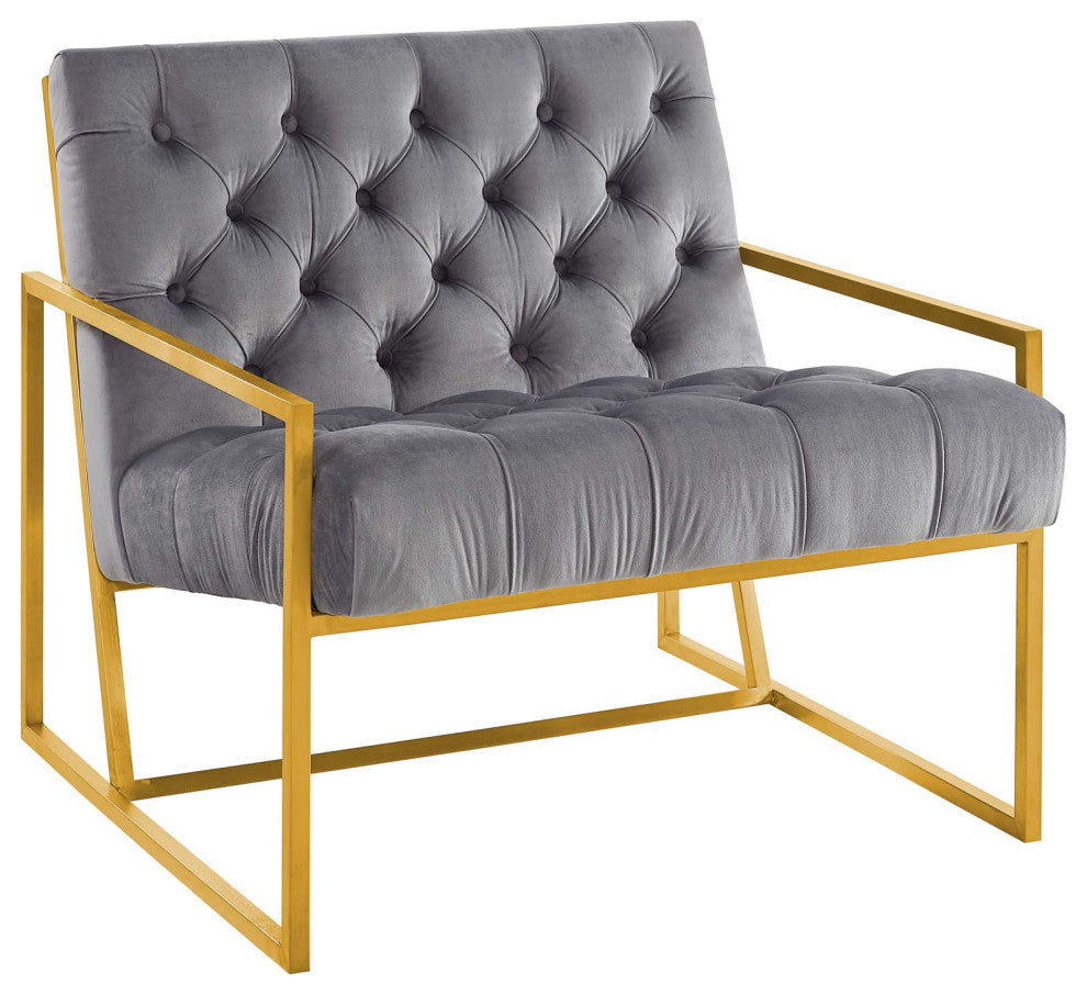Bequest Gold Stainless Steel Upholstered Velvet Accent Chair, Gray Velvet