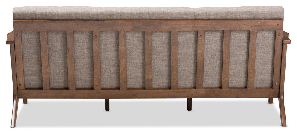 Bianca Mid-Century Walnut Wood Light Gray Fabric Tufted 3-Seater Sofa