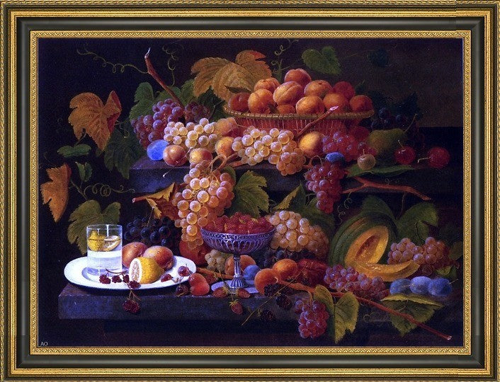Severin Roesen Fruit and Lemon Water  Framed Premium Canvas Print, 18"x27"