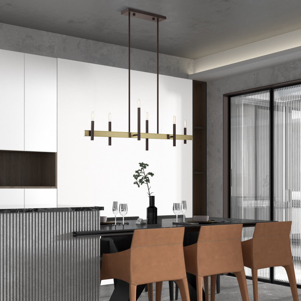 Livex Lighting Denmark 6 Light Bronze, Antique Brass Accents Linear Chandelier