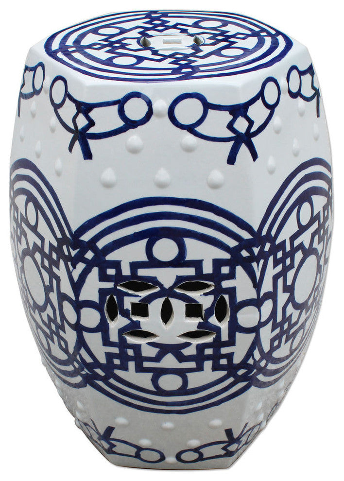 Blue and White Chinese Porcelain Garden Stool Line Patterned 19"