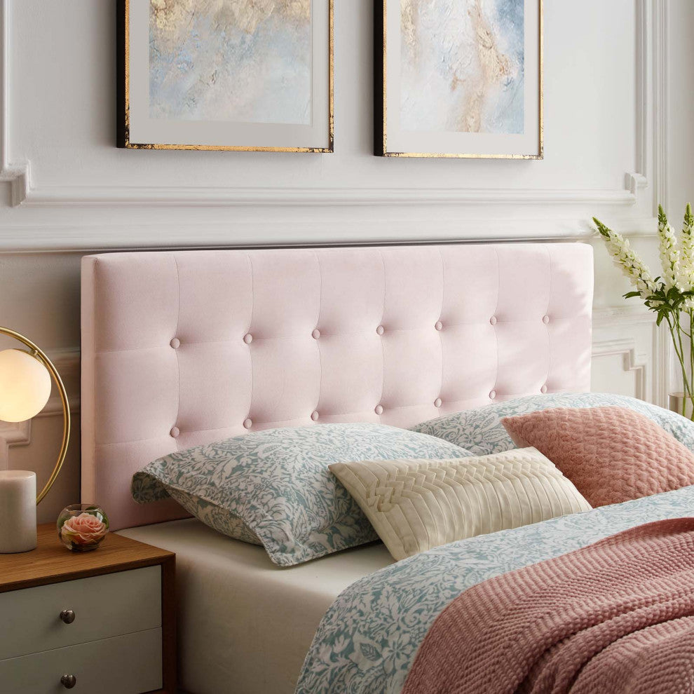 Contemporary Modern Bedroom Queen Size Tufted Headboard, Velvet Fabric, Pink