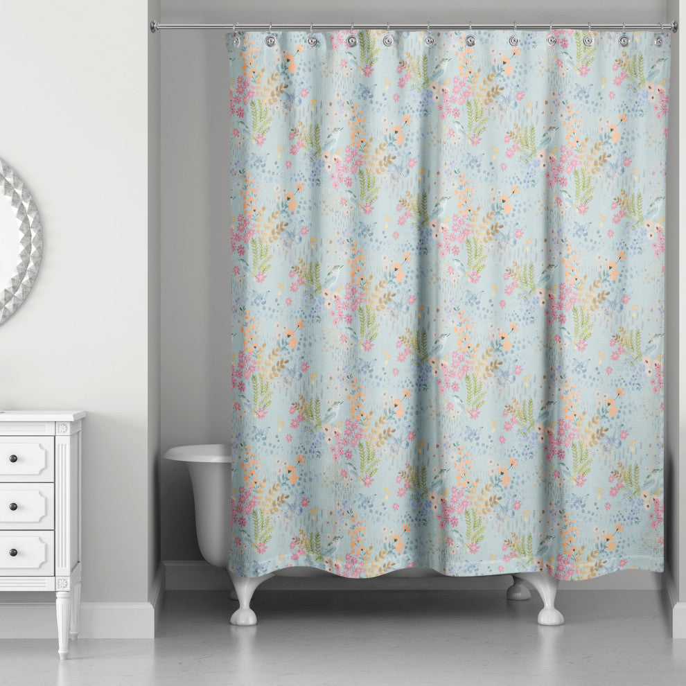 Butterfly Bird Floral on Blue 71x74 Shower Curtain