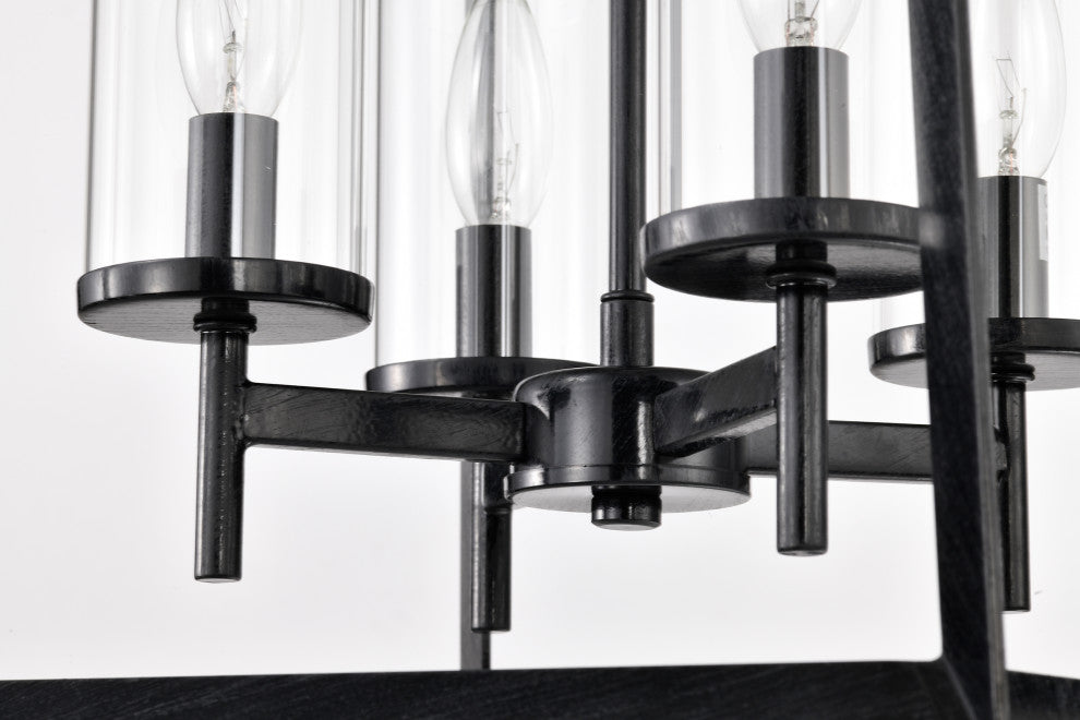 4-Light Antique Black Geometric Cage Lantern Pendant With Clear Glass Shades