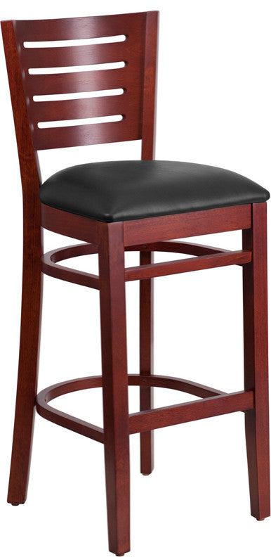 Modern Slat Back Mahogany Wood Restaurant Barstool, Black Vinyl Seat