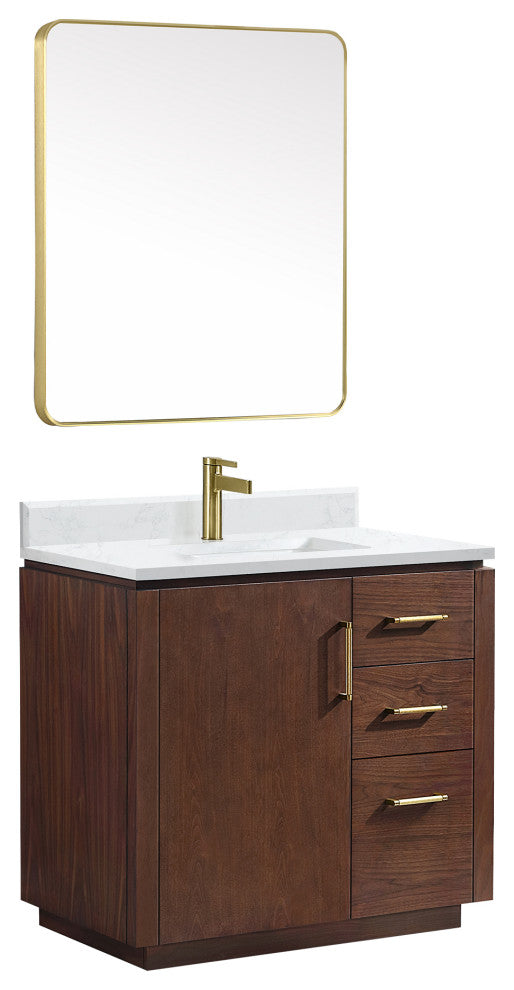 San Bath Vanity with Stone Top, Natural Walnut, 36", Single Vanity, With Mirror