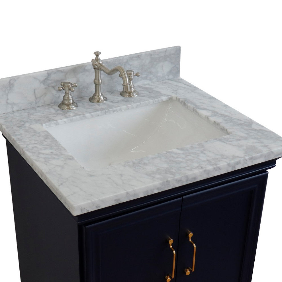 25" Single Vanity, Blue Finish With White Carrara And Rectangle Sink