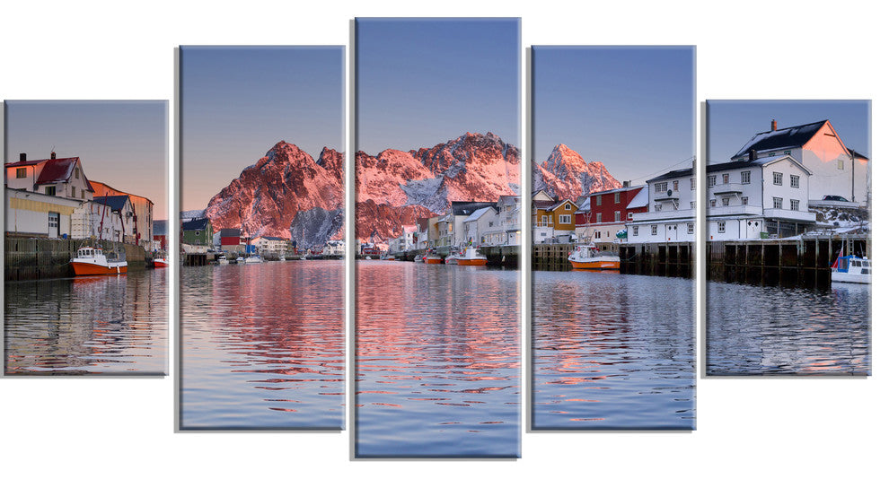 Henningsvaer on the Lofoten Norway, Landscape Canvas Art, 60"x32", 5 Panels