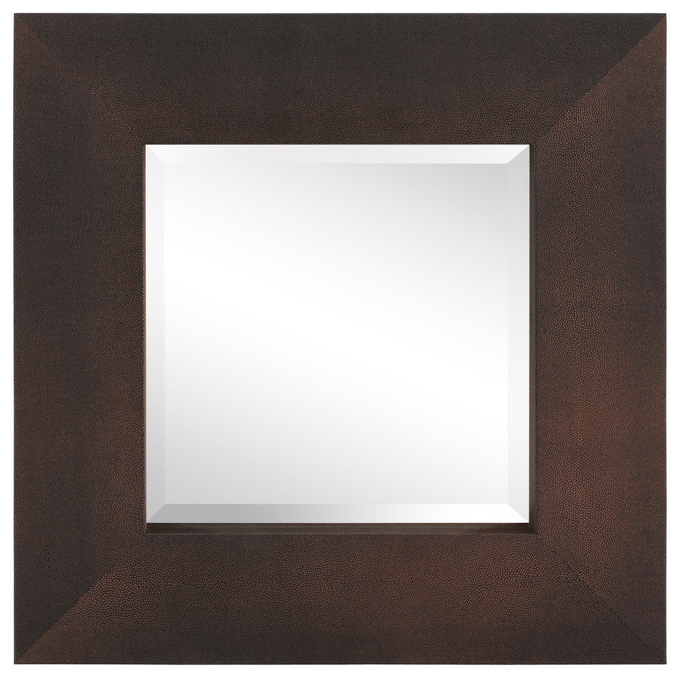 Beveled Wall Mirror, Bronze on Black Metallic Shagreen Leather Framed Mirror