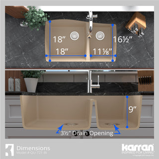 Karran Undermount Quartz 33" 60/40 Double Bowl Kitchen Sink Kit, Bisque