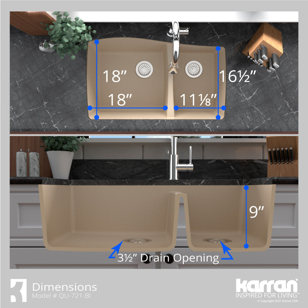 Karran Undermount Quartz 33" 60/40 Double Bowl Kitchen Sink Kit, Bisque