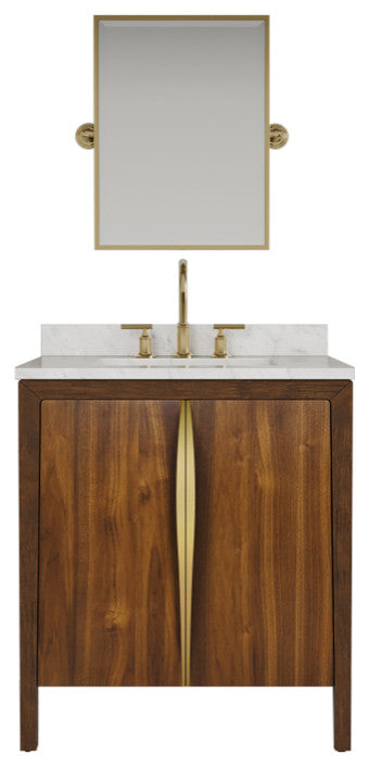 Ferrero Marble Top Bath Vanity, Nori Juglans, 30, Single Sink, Satin Gold Faucet