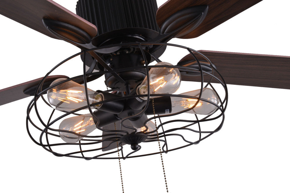 Vintage Farmhouse Industrial 5-Light Black Cage Ceiling Fan, Pull Chain, 52"