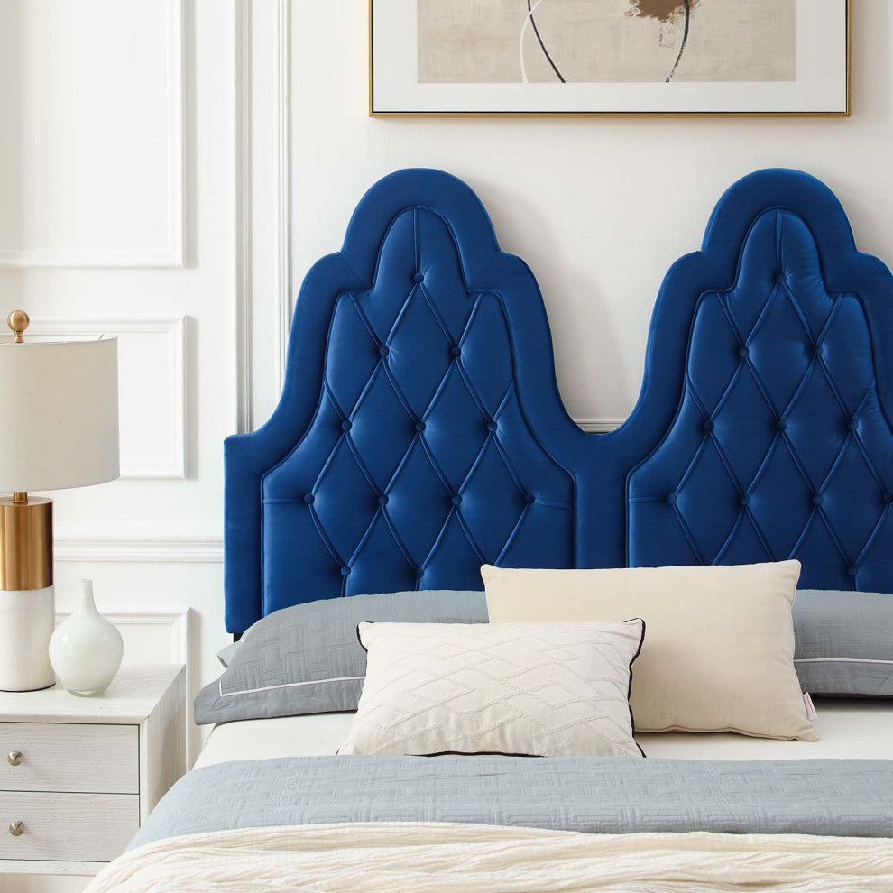 Tufted Platform Bed Frame, Twin Size, Velvet, Blue Navy, Modern Contemporary