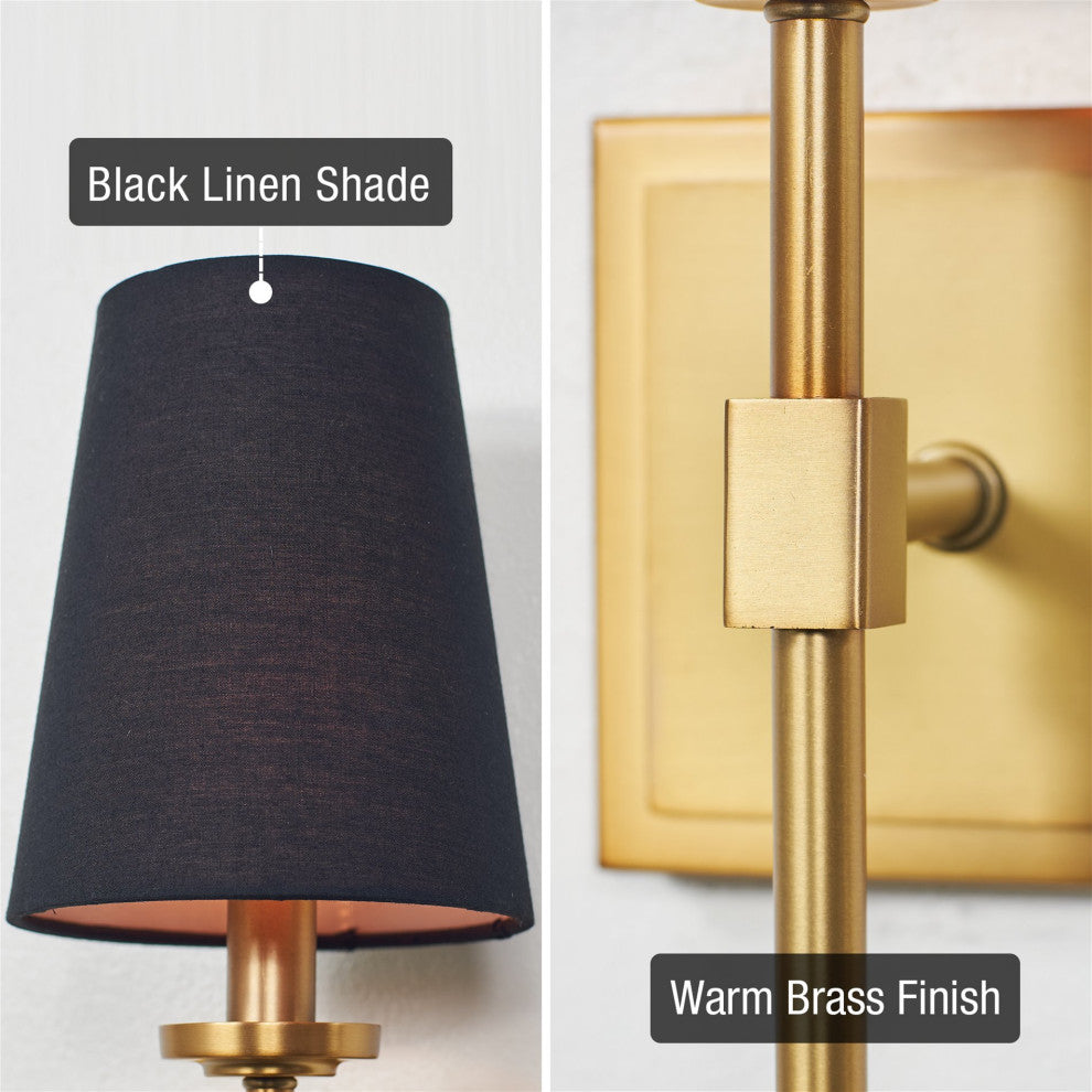 Kira Home Torche 20" Wall Sconce/Wall Light + Black Linen Shade, Warm Brass