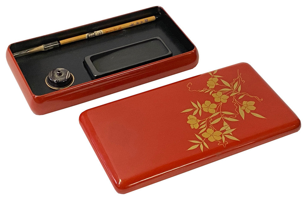 Oriental Asian Red Lacquer Wood Ink Well Dipping Pen Set Display Hws2339