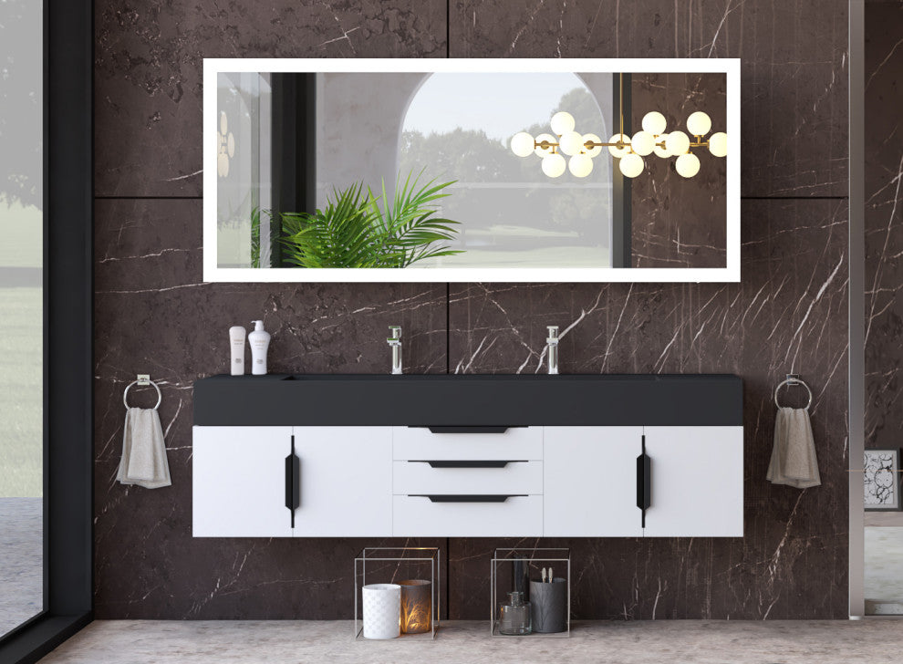 CastelloUSA Alpine 72" Wall Mounted Vanity, Base Only, White, Black Handles