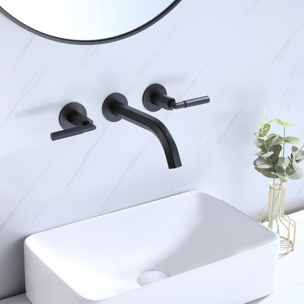 Wall Mounted Dual Handles Bathroom Sink Faucet, Matte Black