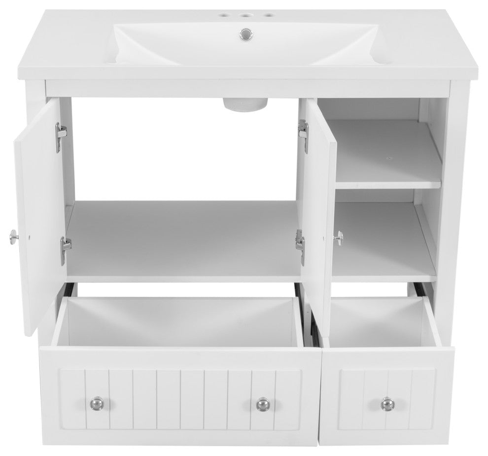 36" W x 18." D x 32" H Bath Vanity, White Ceramic Top, White