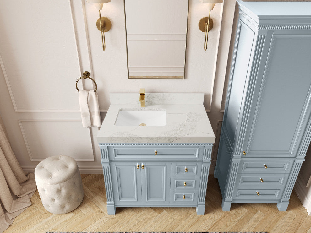 Paris 36" Left Offset Bathroom Vanity, Blue Heather 2" Calacatta Nuvo