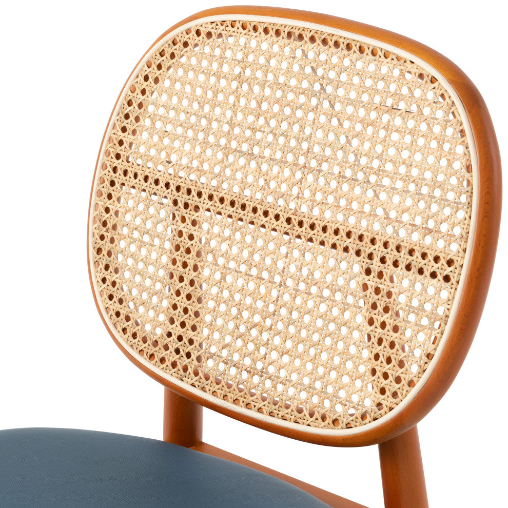 LeisureMod Holbeck Modern Dining Chair with Wood Legs and Wicker Back, Navy Blue