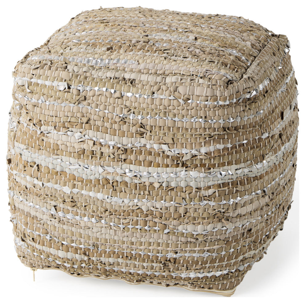 Aadhya 16Lx16Wx16H Taupe/Silver Leather and Cotton Pouf