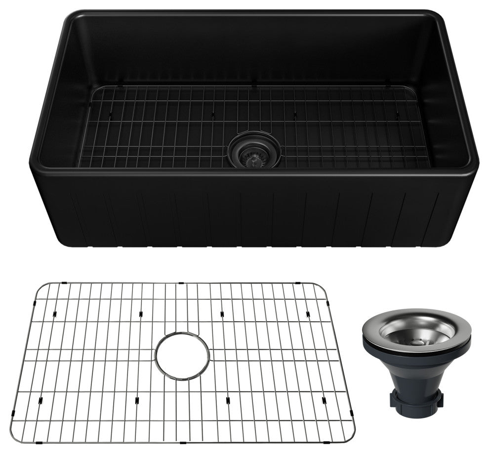 33in Single Bowl Fireclay Farmhouse Apron Kitchen Sink with Grid and Drainer, Matte Black