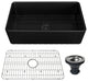33in Single Bowl Fireclay Farmhouse Apron Kitchen Sink with Grid and Drainer, Matte Black