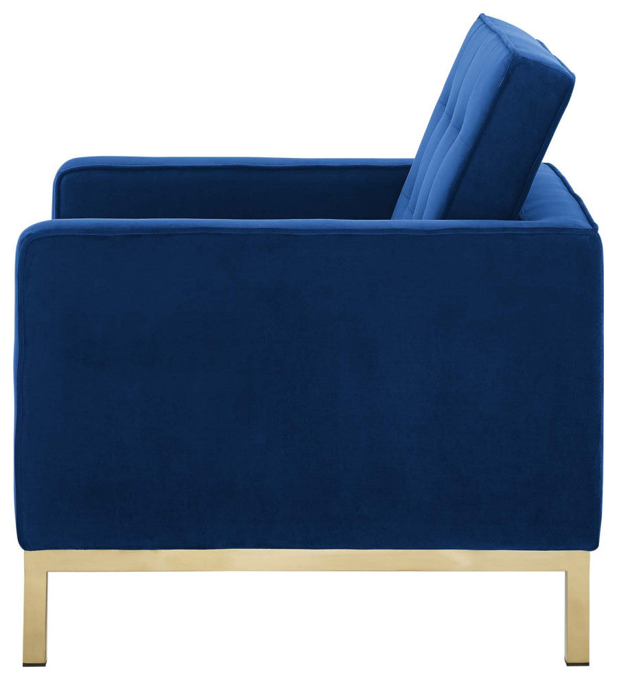 Modern Lounge Accent Side Chair Armchair, Velvet Fabric, Gold Blue Navy