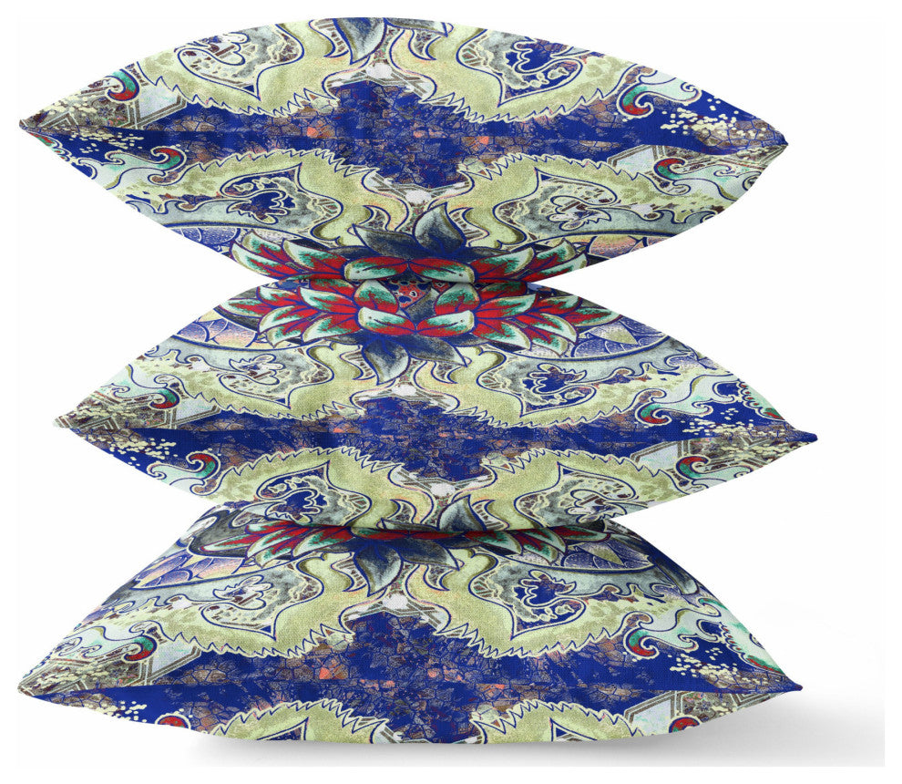 16" Blue Red Flower Bloom Suede Throw Pillow