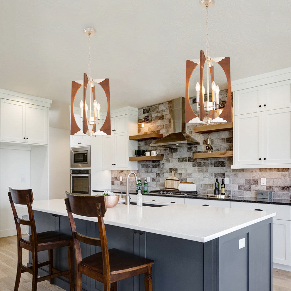 4-Light Candle Style Geometric Chandelier With Wood Accents, Chrome