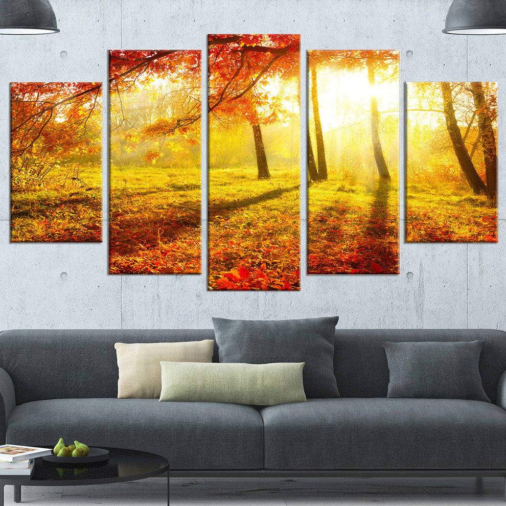 Yellow Red Fall Trees and Leaves, Landscape Canvas Art Print, 60"x32", 5 Panels