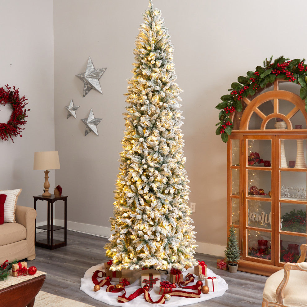 10' Slim Flocked Montreal Fir Artificial Christmas Tree, 800 White LED Lights