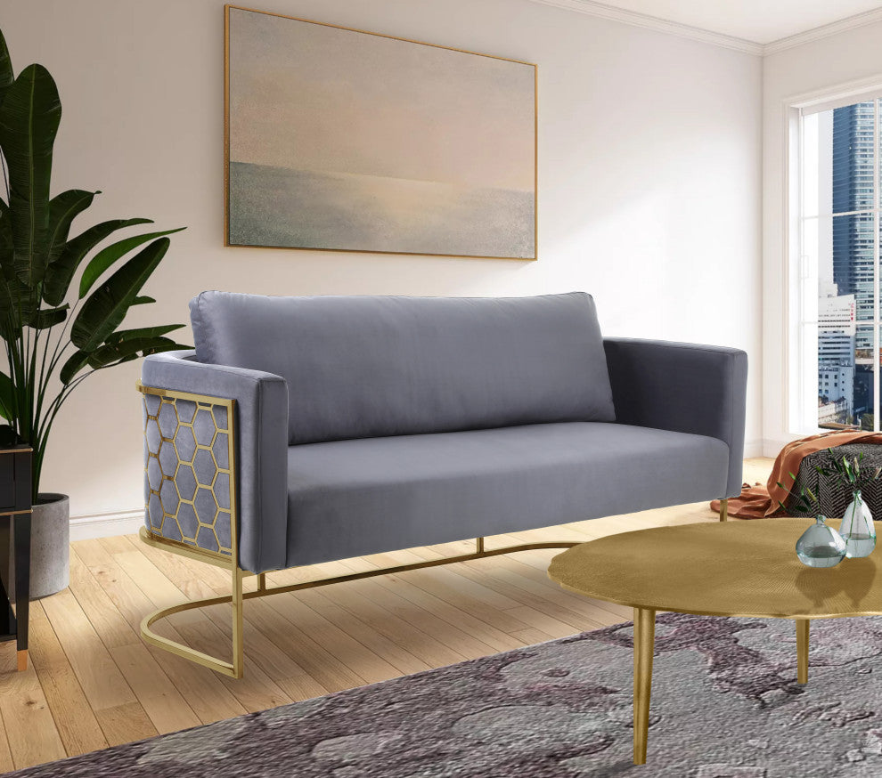 Casa Velvet Upholstered Sofa, Grey, Gold Finish