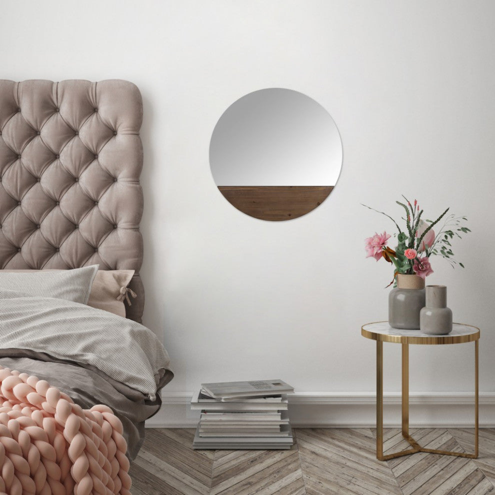 Contemporary Round Wall Mirror With Wooden Detailing