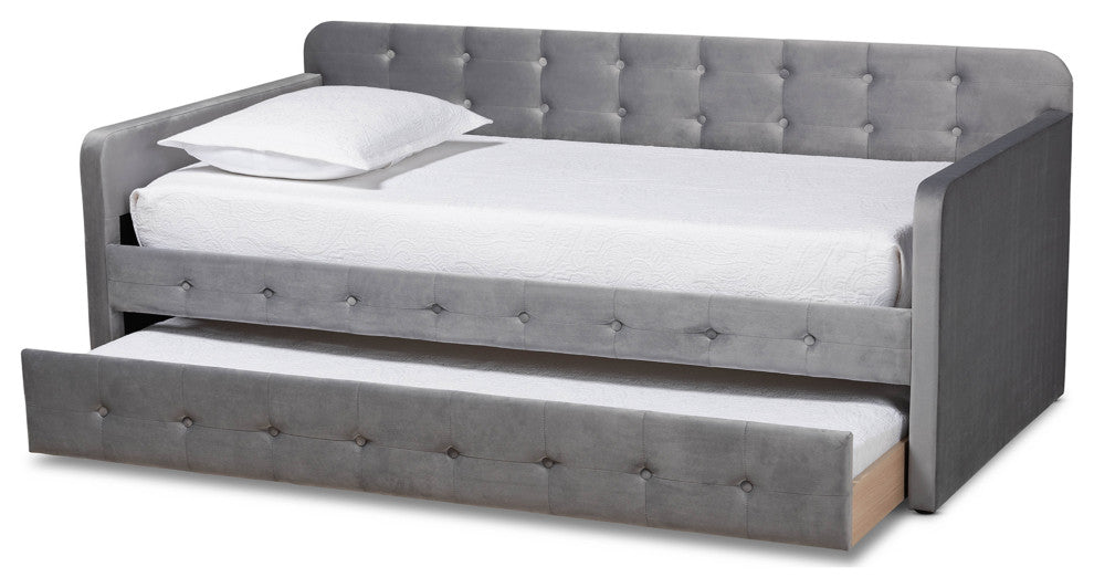 Rosecranz Gray Velvet Modern Glam Daybed With Trundle