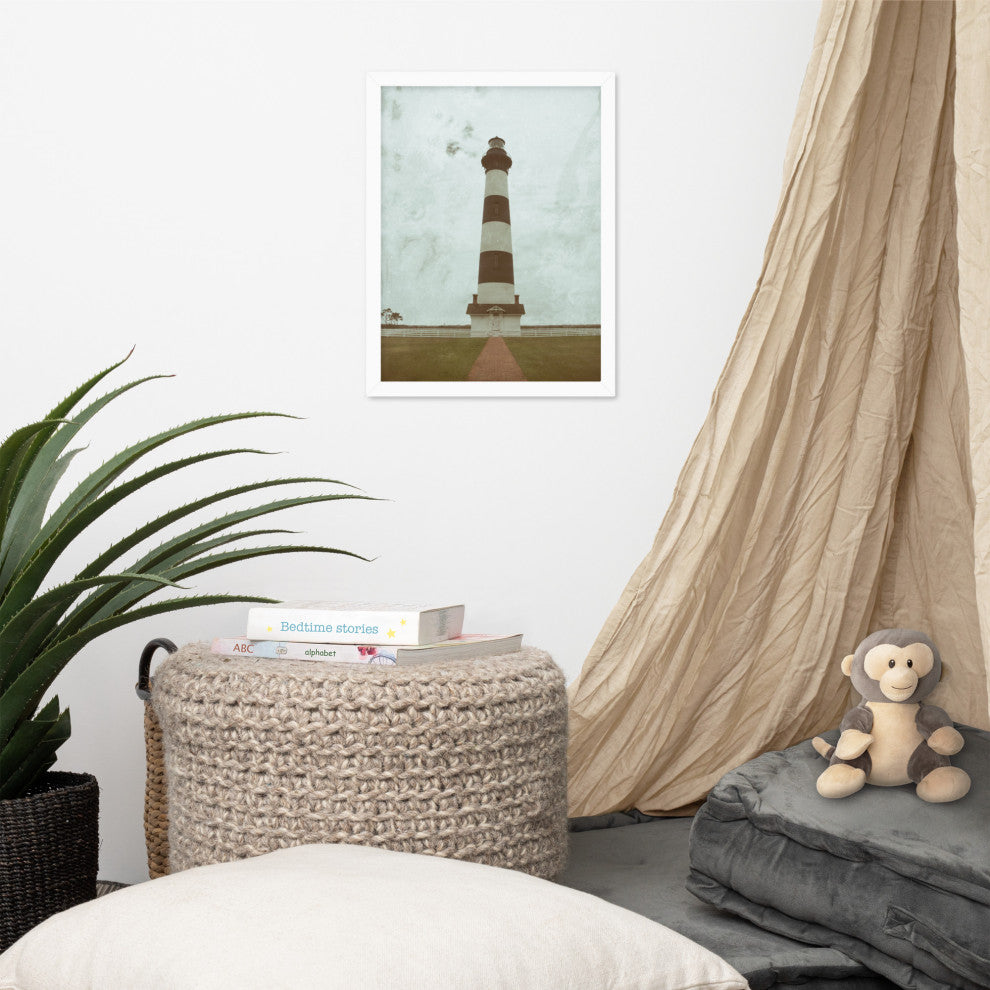 Aged Bodie Lighthouse Landscape Framed Photo Paper Wall Art Prints, White, 12" X 16"
