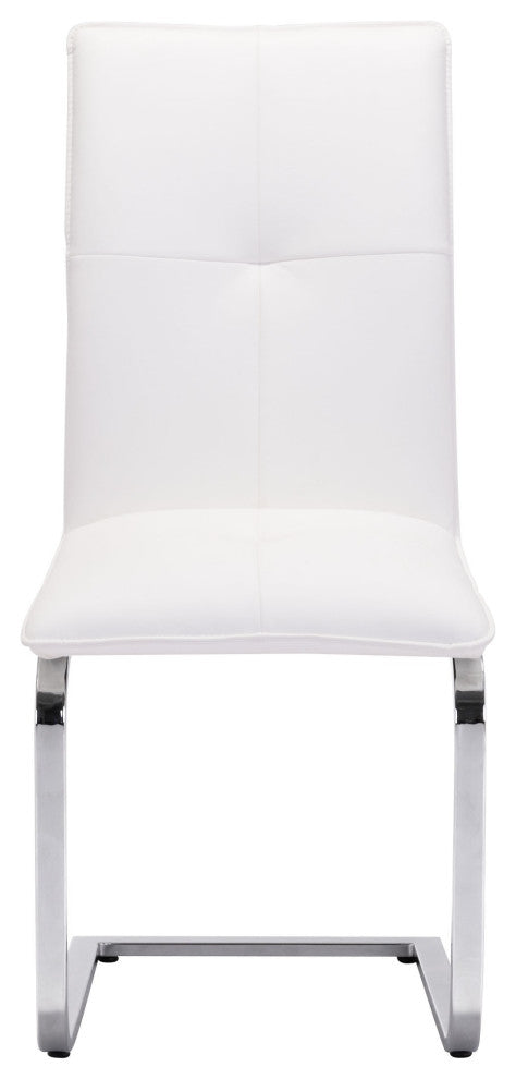 Set of Two White Faux Leather and Chrome Contempo Comfy Dining Chairs
