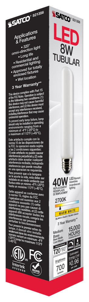 8W T9 LED, Frost, Medium Base, 90 CRI, 2700K, 120V