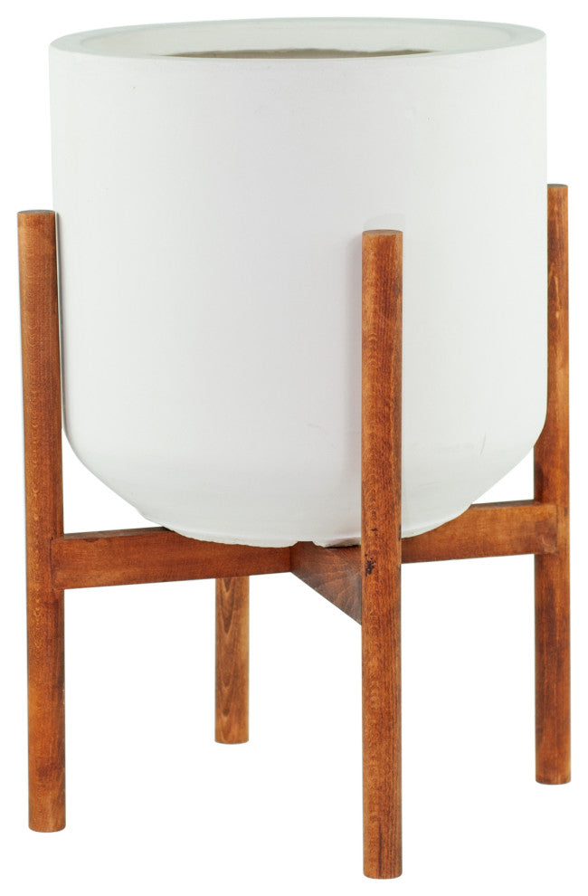 Extra Large Fiber Clay Pot 13'' White With Wood Plant Stand Set Walnut Color