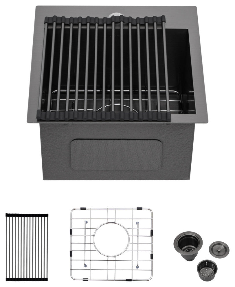 Black Stainless Steel Single Bowl Drop-In Kitchen Sink with Rinse Grid, Gunmetal Black, 15'' X 15''