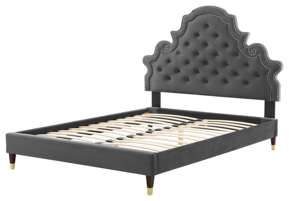 Tufted Platform Bed Frame, Full Size, Velvet, Gray, Modern Contemporary