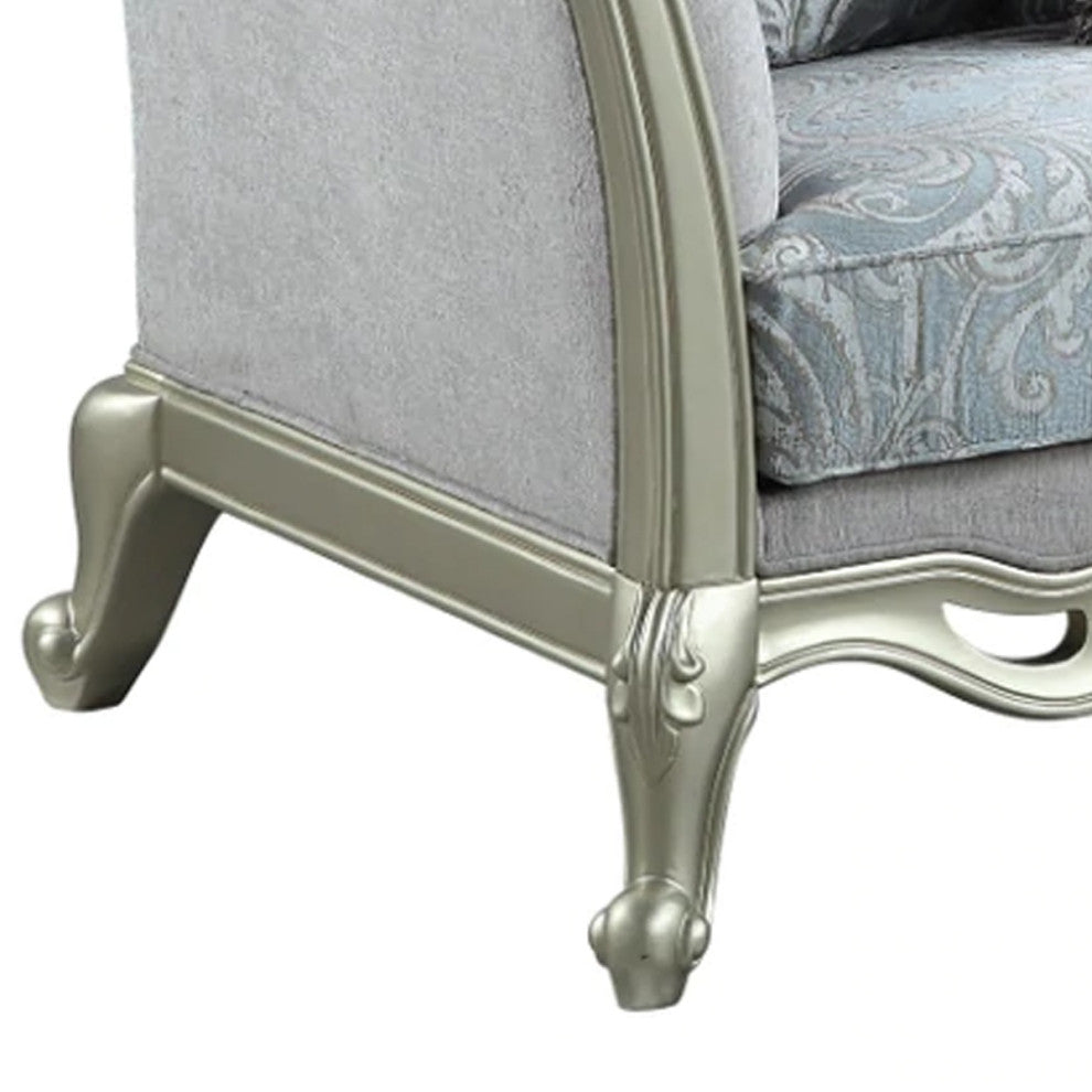 Benzara BM276230 66" Classic Sofa, Fabric Cushioned Seats, Gray, Champagne