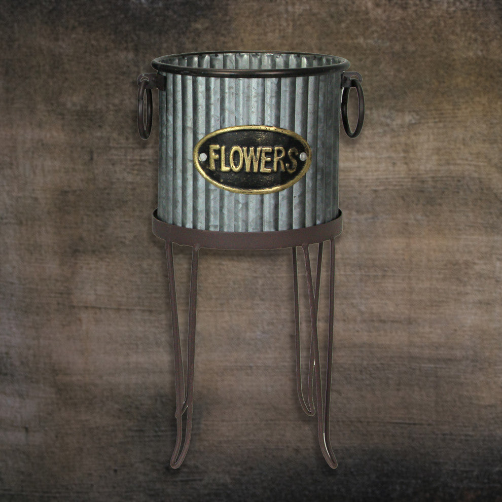 Set of 2 Rustic Galvanized Metal Round Flower Pot Garden Planters With Stands