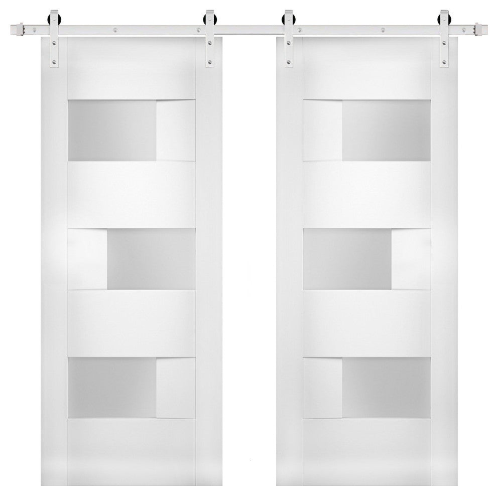 Double Barn Doors Opaque Glass / Sete 6933 White Silk / Silver 13FT Rail, 60" X 84" ( 2* 30x84)