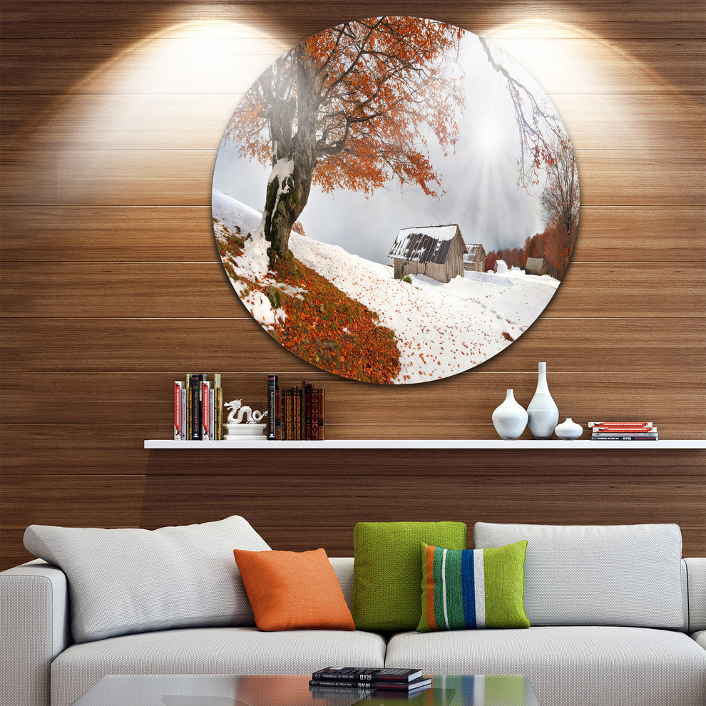 Sudden Snow In First Autumn, Landscape Photo Disc Metal Artwork, 11"
