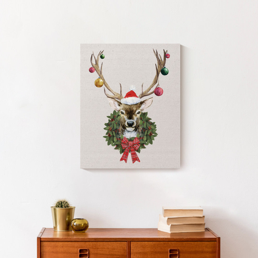 Christmas Deer Wreath 16x20 Canvas Wall Art
