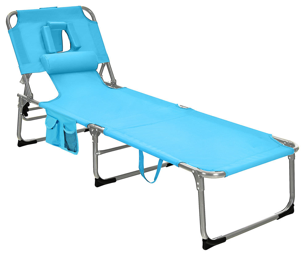Goplus Outdoor Beach Lounge Chair Folding Chaise Lounge with Pillow Turquoise