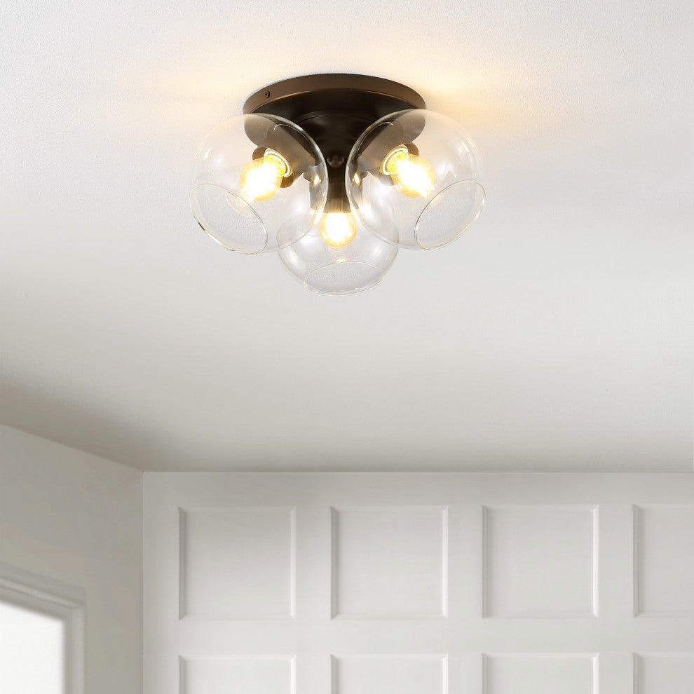 Iris 11.5" 3-Light Farmhouse Rustic Iron/Glass LED Semi Flush Mount, Black