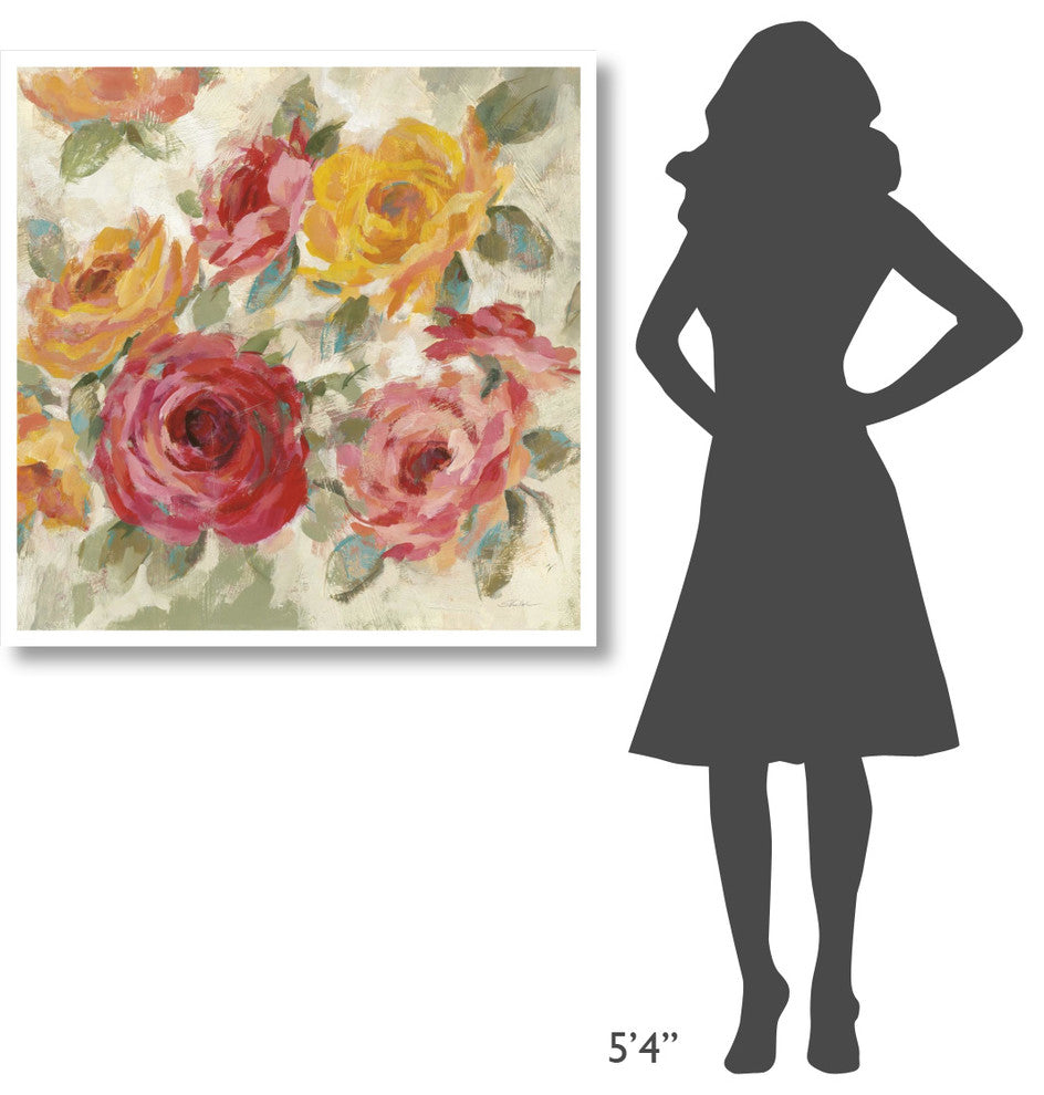 "Brushy Roses Crop with Teal" Digital Paper Print by Silvia Vassileva, 38"x38"